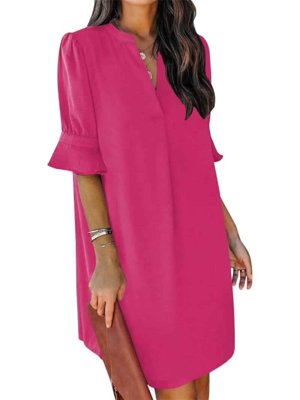 Women's Rose Pink Dresses V Neck Short Sleeve Solid Casual Shift Mini Dress
